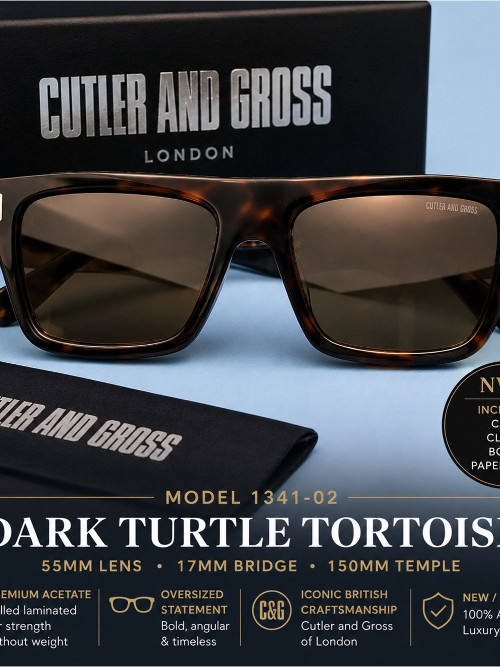 NEW Cutler & Gross 1341-02 Dark Turtle Tortoise Sunglasses
